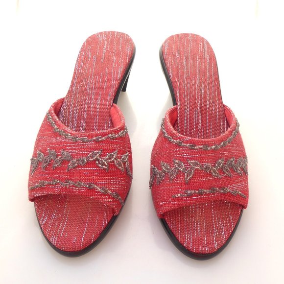 Red and silver metallic fabric beaded mid heel mules size 7.5 - Picture 2 of 10
